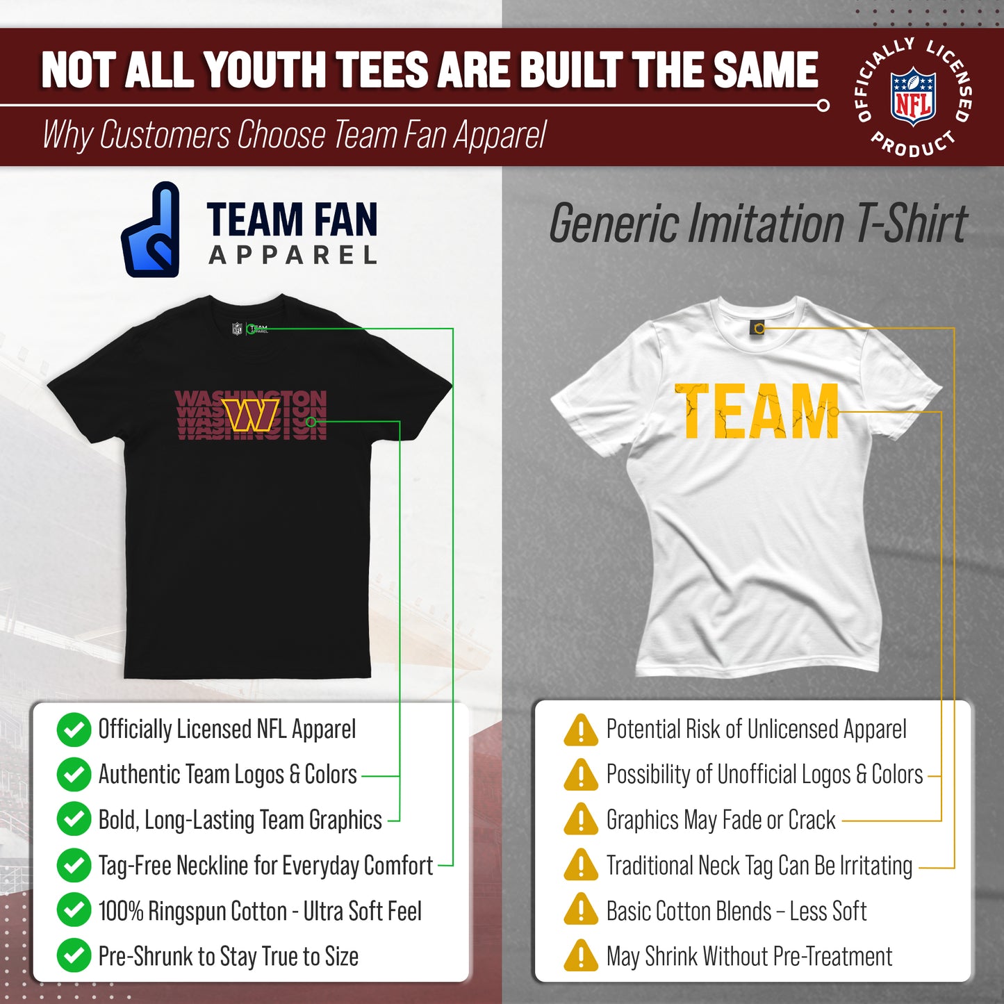 Washington Commanders NFL Youth Repeating Logo Football T-Shirt Unisex Tag Free Comfortable - Black