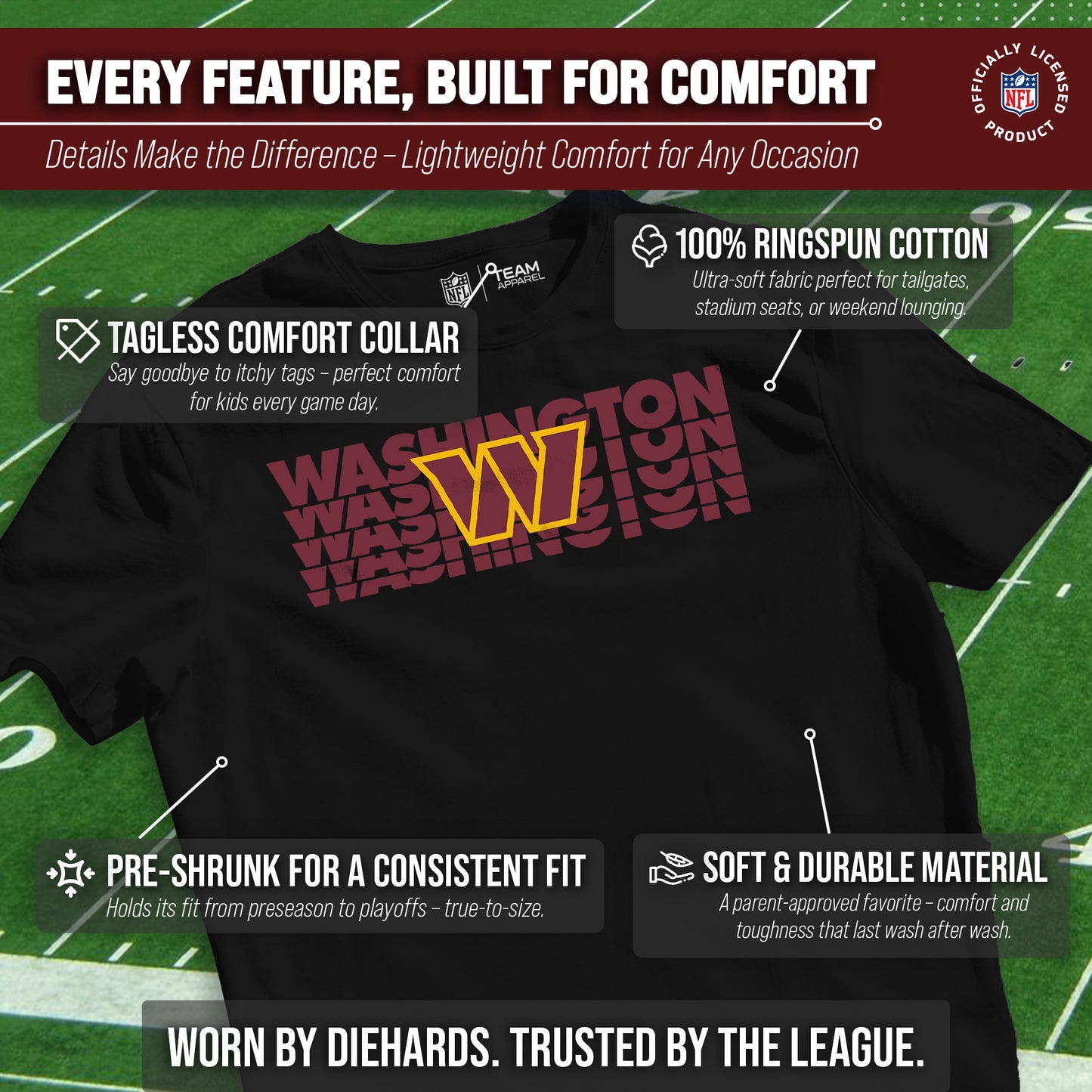 Washington Commanders NFL Youth Repeating Logo Football T-Shirt Unisex Tag Free Comfortable - Black