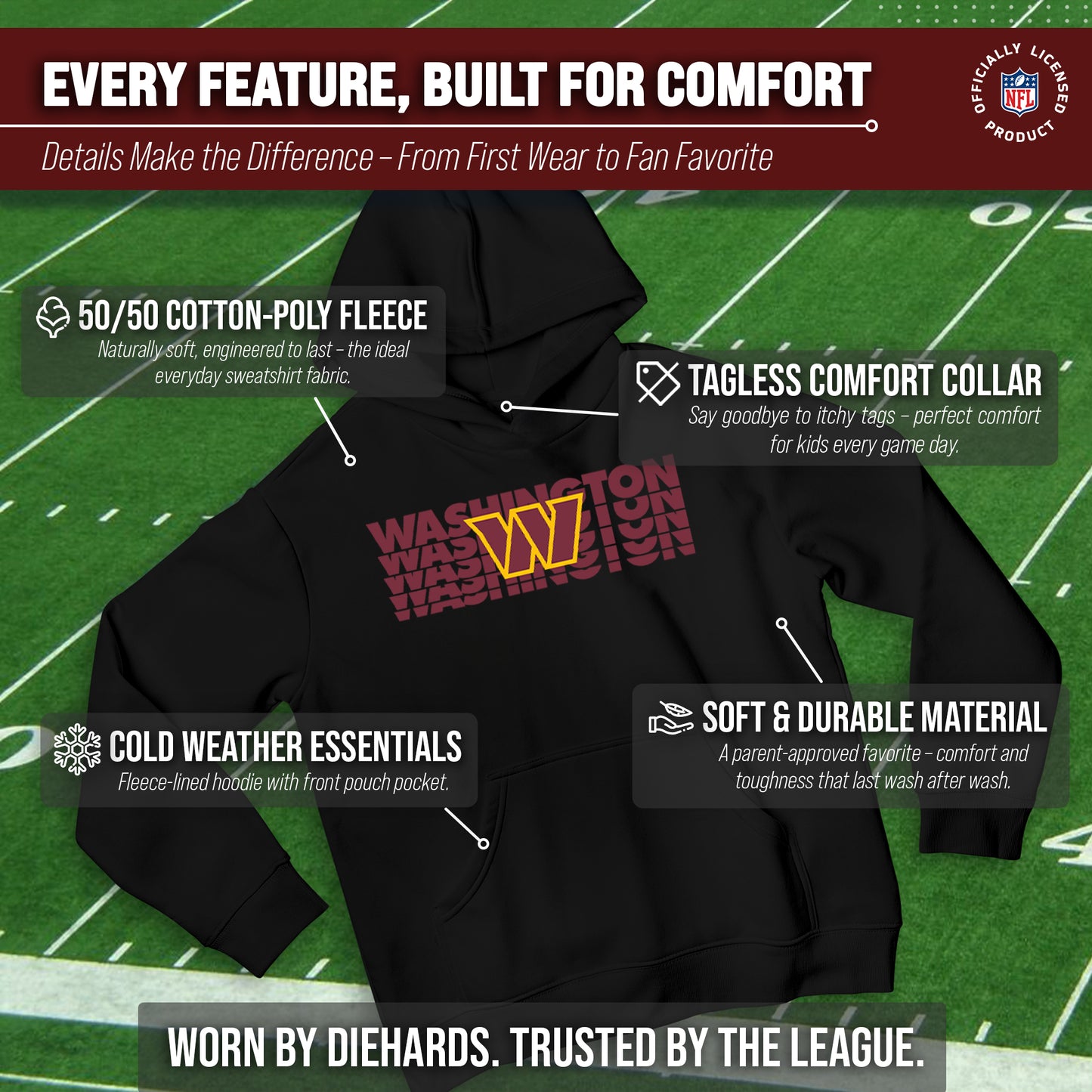 Washington Commanders NFL Youth Repeating Logo Football Fleece Hooded Sweatshirt - Black