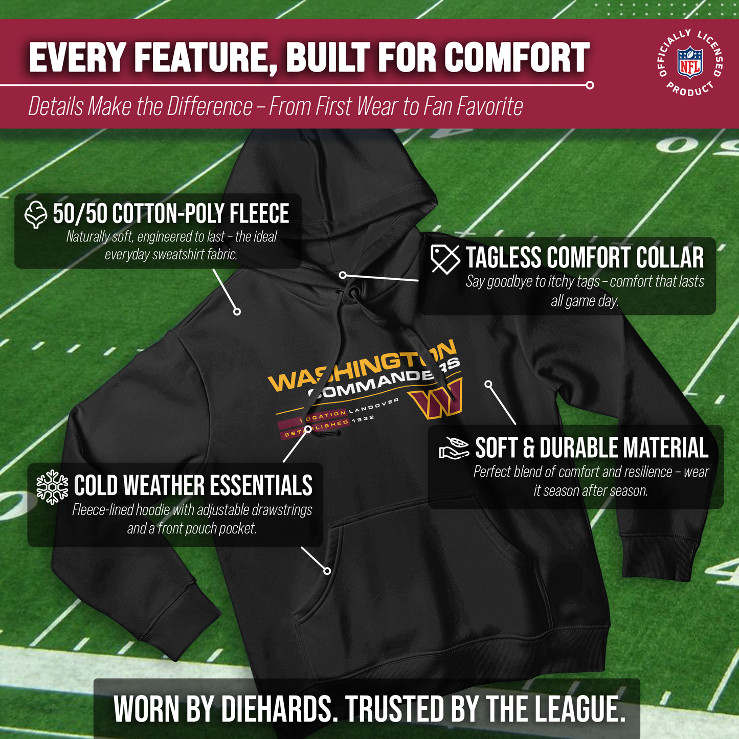 Washington Commanders Adult NFL Speed Stat Sheet Fleece Hooded Sweatshirt - Black