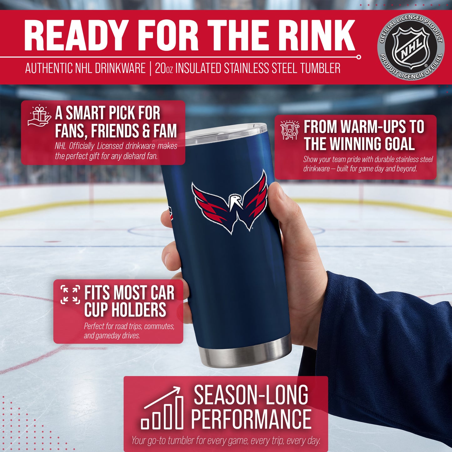 Washington Capitals NHL Hockey 20oz Stainless Steel Vacuum Insulated Game Day Tumbler with Silicone Grip - Navy