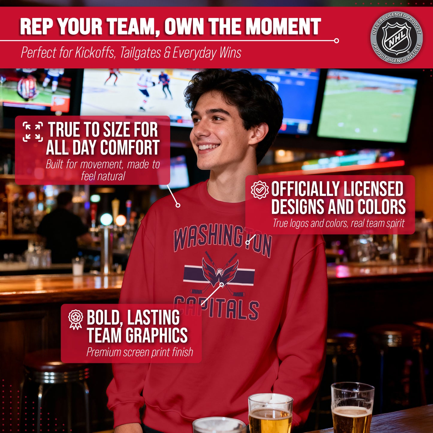 Washington Capitals Adult NHL Faceoff Hockey Fleece Crewneck Sweatshirt - Red