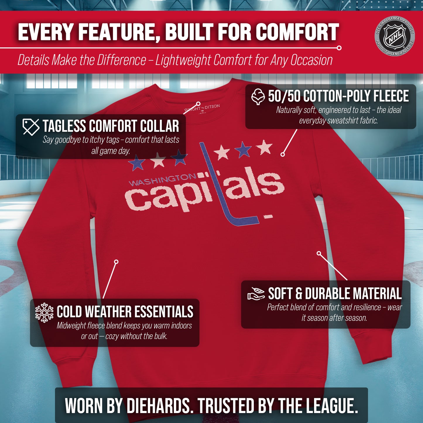 Washington Capitals Adult NHL Retro Logo Hockey Fleece Crewneck Sweatshirt - Red Heather