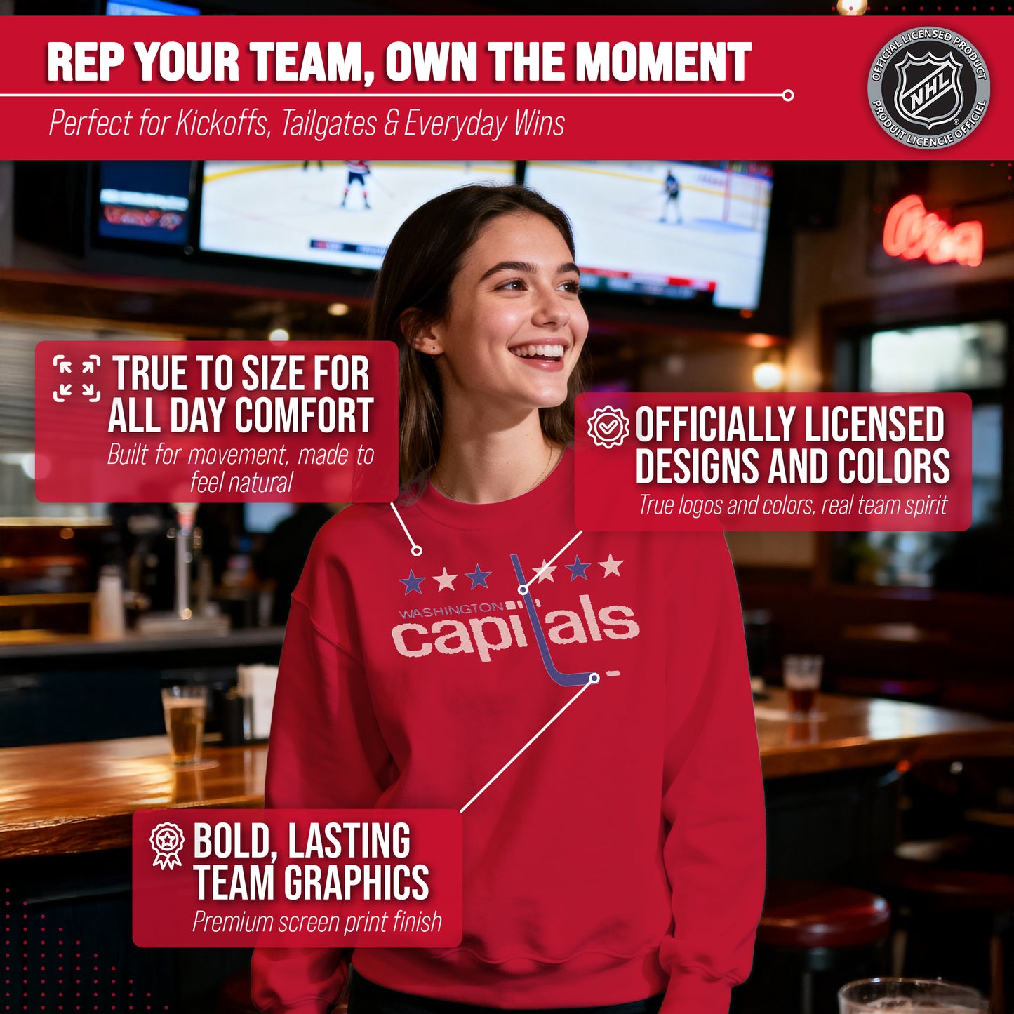 Washington Capitals Adult NHL Retro Logo Hockey Fleece Crewneck Sweatshirt - Red Heather