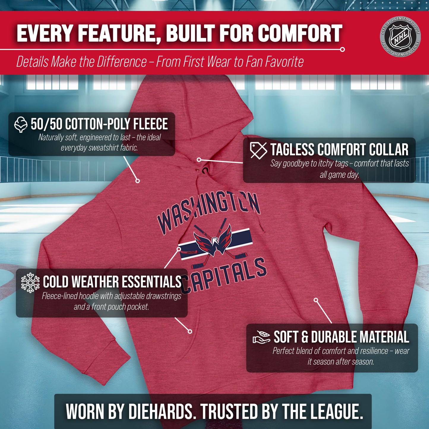Washington Capitals Adult NHL Faceoff Hockey Fleece Hooded Sweatshirt- Jersey Stripe - Red