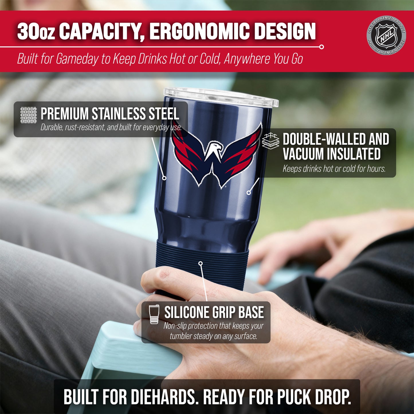 Washington Capitals NHL Hockey 30oz Stainless Steel Vacuum Insulated Game Day Tumbler with Silicone Grip - Navy