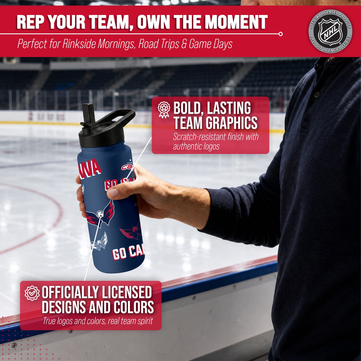 Washington Capitals NHL Hockey 34oz Stainless Steel Vacuum Insulated Game Day Water Bottle with Flip Straw Lid and Handle - Navy