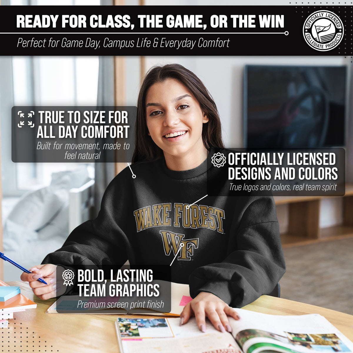 Wake Forest Demon Deacons Adult Arch & Logo Soft Style Gameday Crewneck Sweatshirt - Black