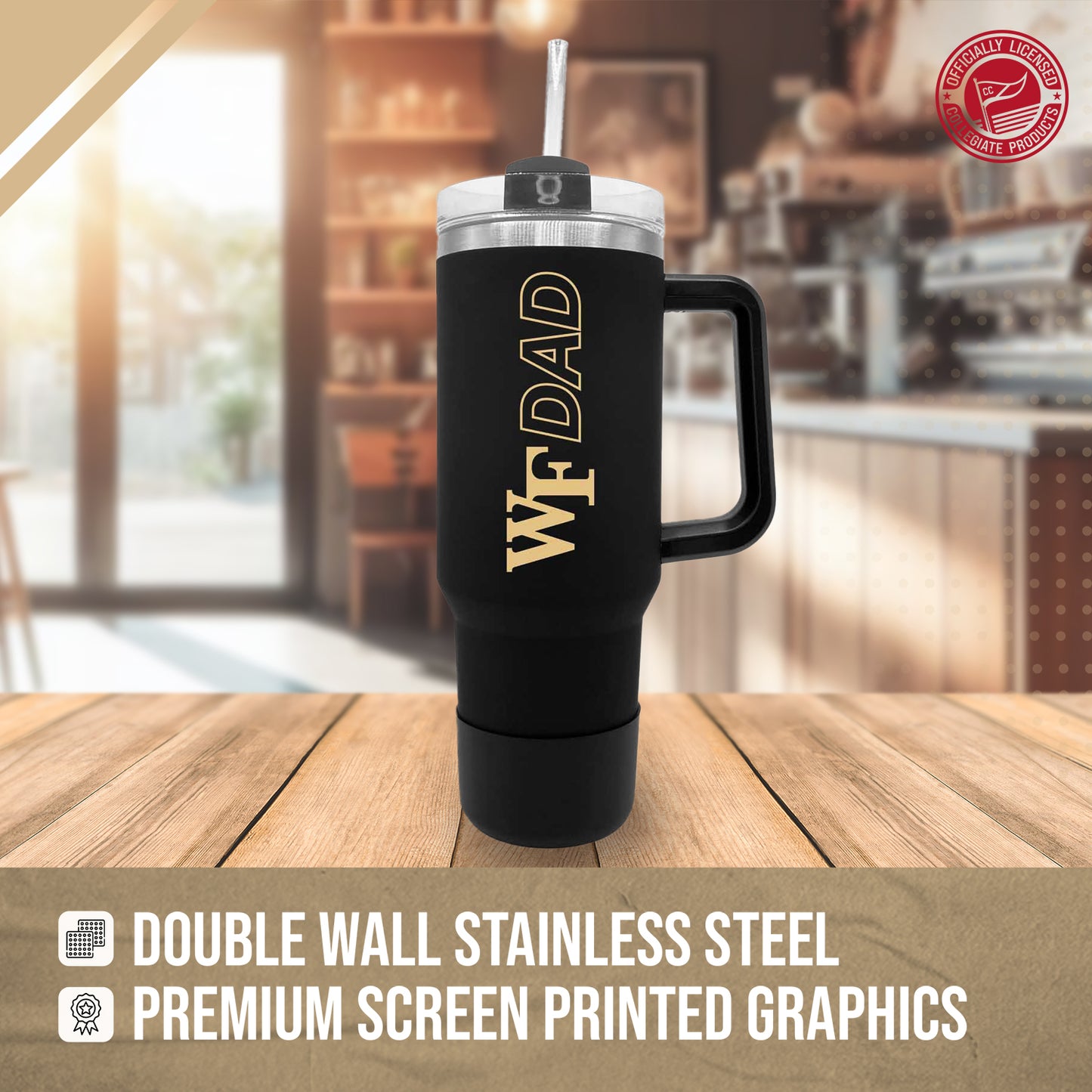 Wake Forest Demon Deacons Collegiate 40oz Stainless Steel Travel Tumbler with Handle for Dad - Black
