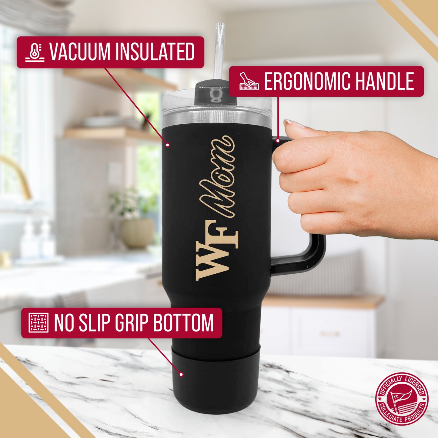 Wake Forest Demon Deacons Collegiate 40oz Stainless Steel Travel Tumbler with Handle for Mom - Black