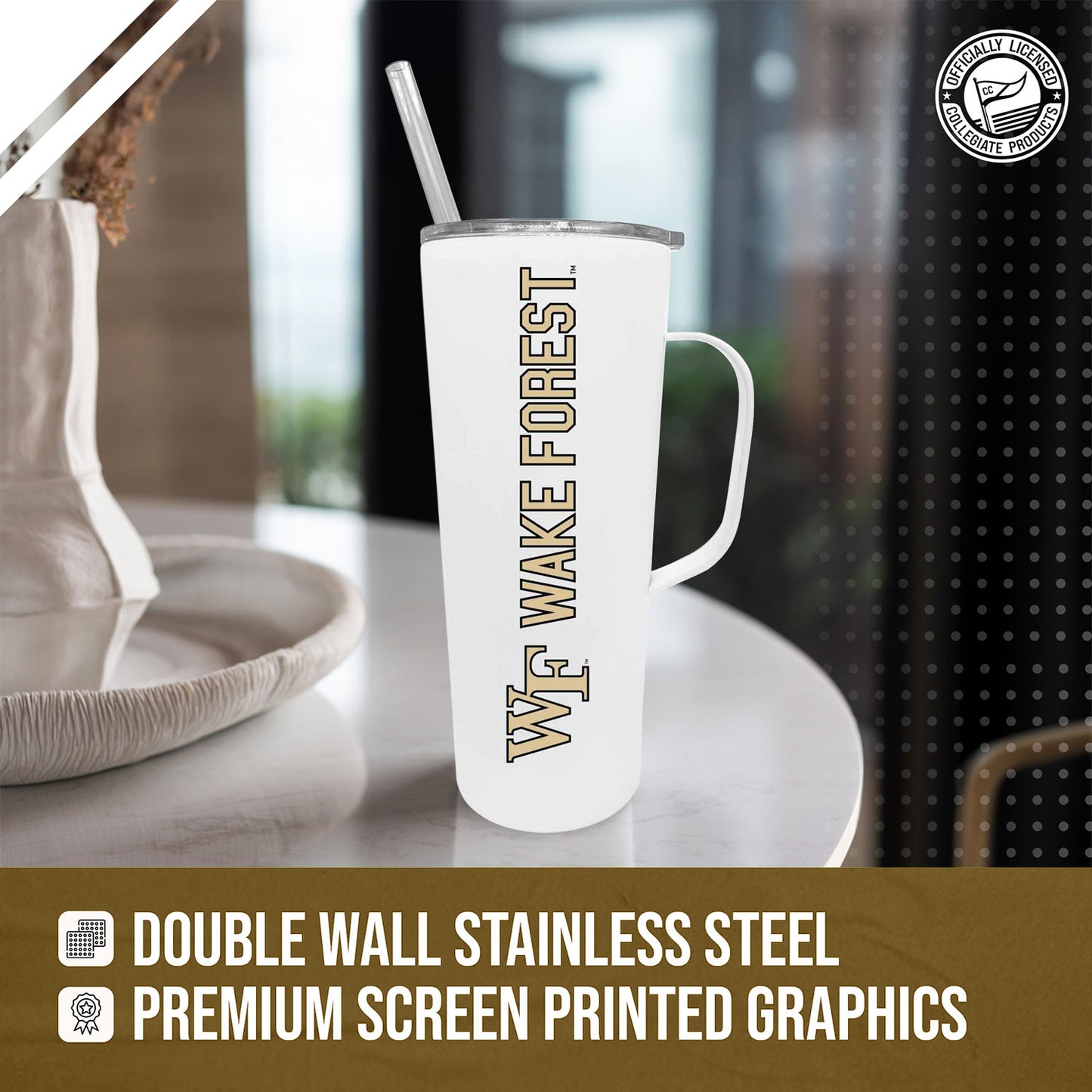 Wake Forest Demon Deacons NCAA Stainless Steel 20oz Roadie With Handle & Dual Option Lid With Straw - White