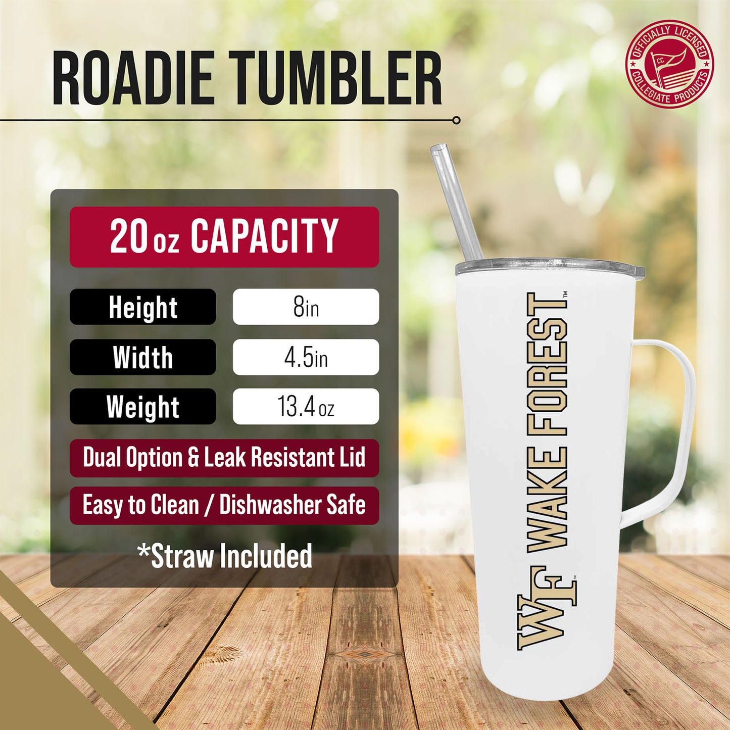 Wake Forest Demon Deacons NCAA Stainless Steel 20oz Roadie With Handle & Dual Option Lid With Straw - White