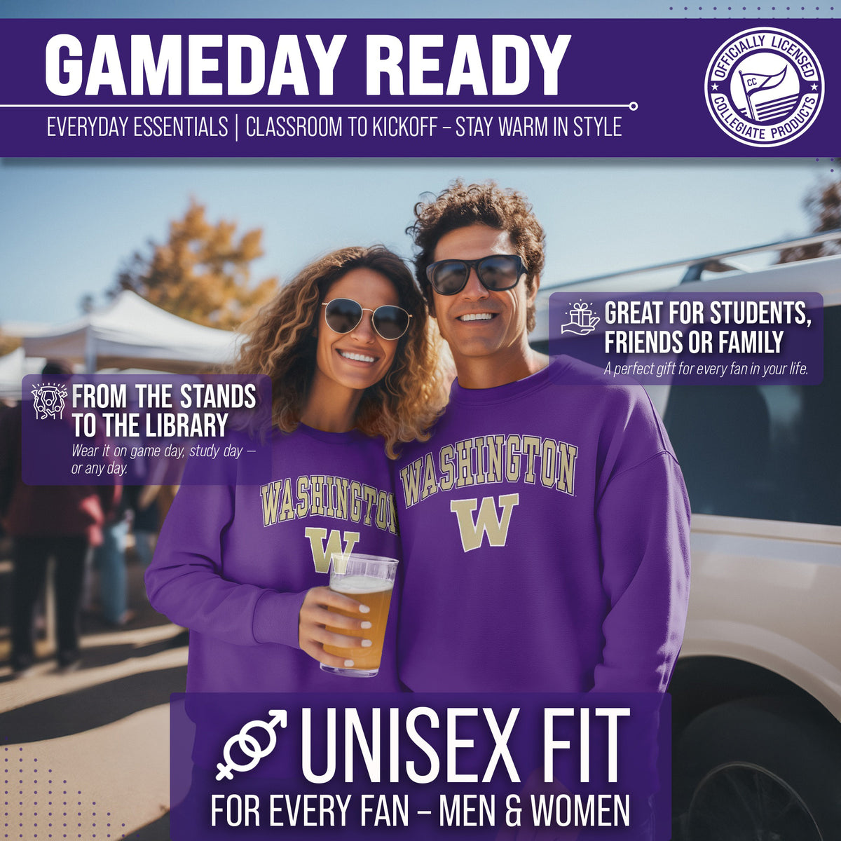 Washington Huskies Adult Arch & Logo Soft Style Gameday Crewneck Sweatshirt - Purple