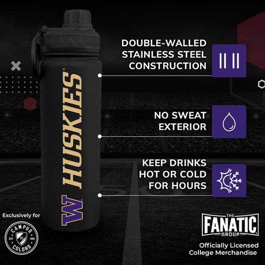 Washington Huskies Stainless Steel Water Bottle 24 oz Insulated - Black