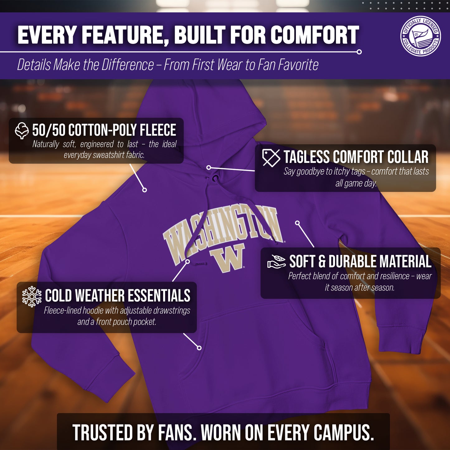 Washington Huskies NCAA Adult Tackle Twill Hooded Sweatshirt - Purple