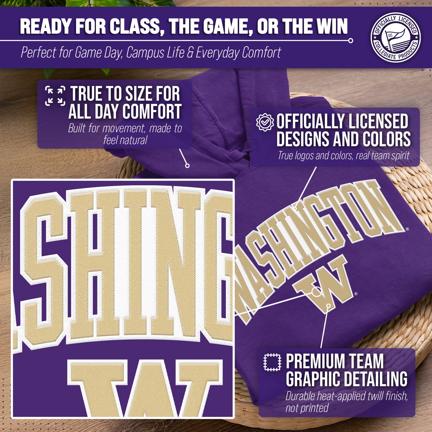 Washington Huskies NCAA Adult Tackle Twill Hooded Sweatshirt - Purple