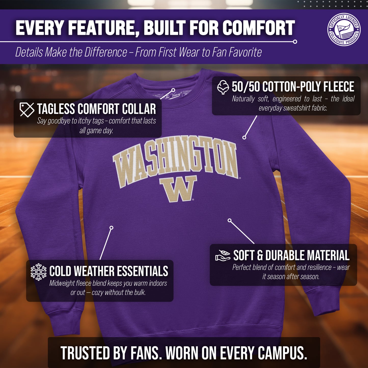 Washington Huskies Adult Tackle Twill Crewneck - Purple