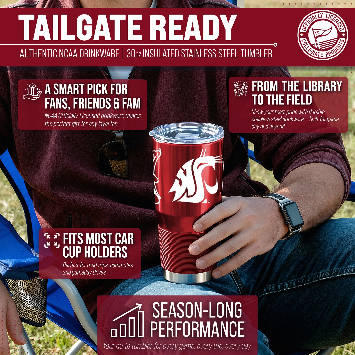 Washington State Cougars NCAA University 30oz Stainless Steel Vacuum Insulated Game Day Tumbler with Silicone Grip - Cardinal