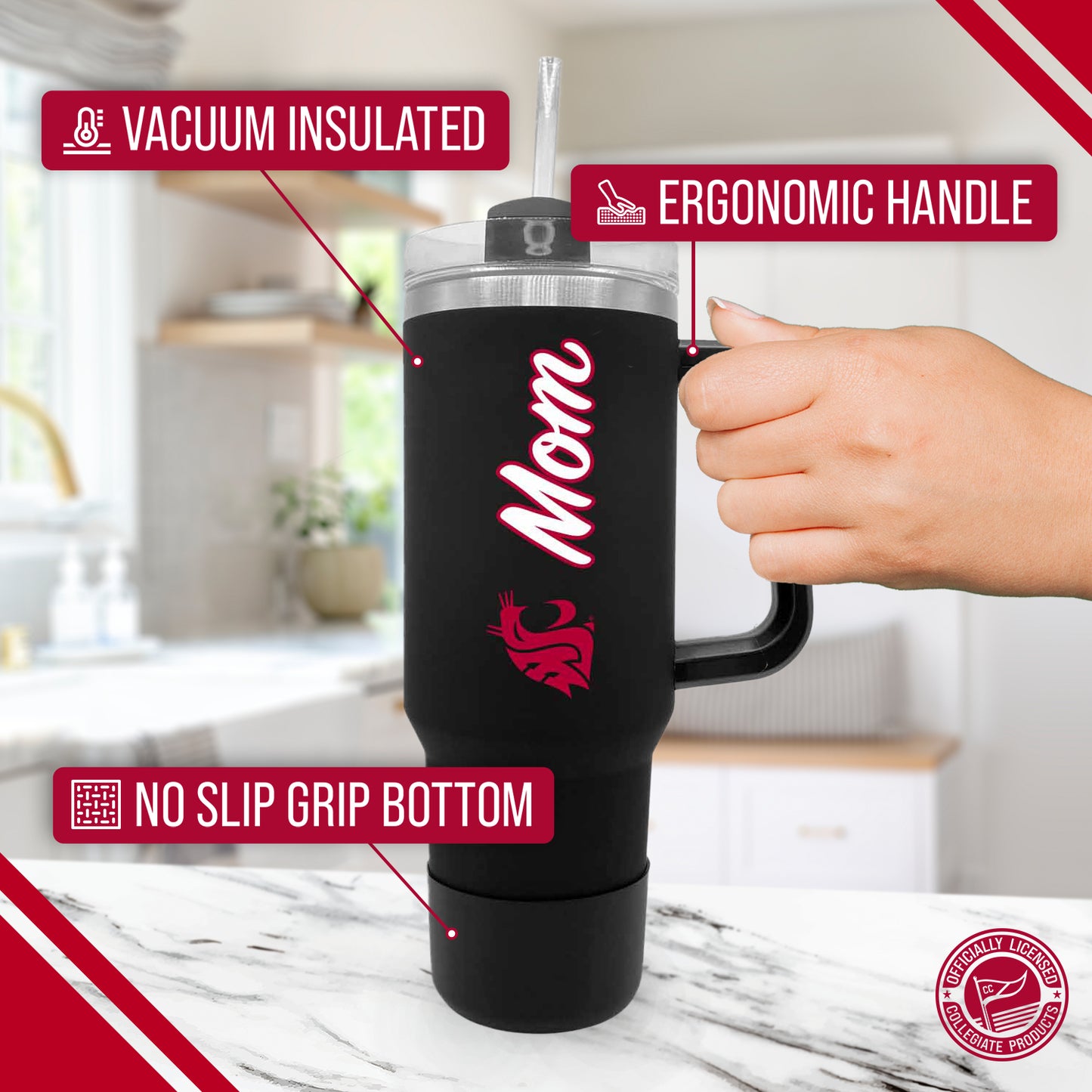 Washington State Cougars Collegiate 40oz Stainless Steel Travel Tumbler with Handle for Mom - Black