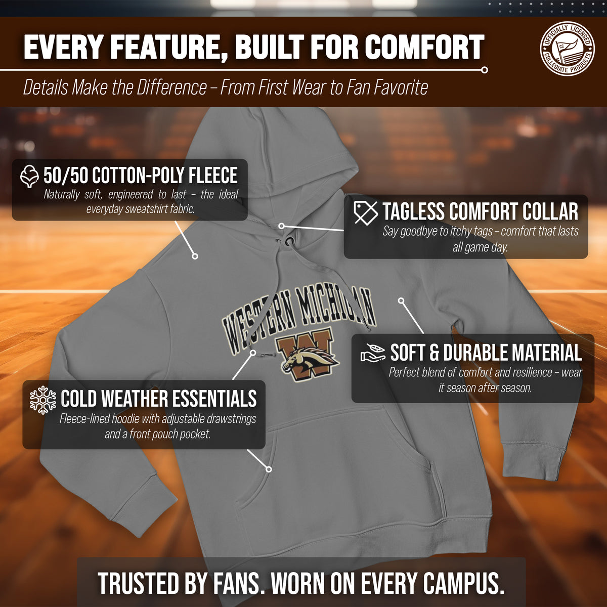 Western Michigan Broncos Arch & Logo Gameday Hoodie - Sport Gray