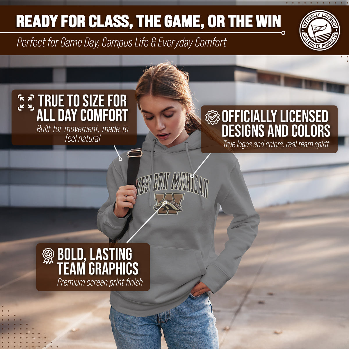 Western Michigan Broncos Arch & Logo Gameday Hoodie - Sport Gray