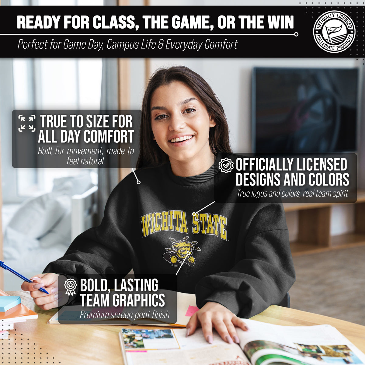 Wichita State Shockers Adult Arch & Logo Soft Style Gameday Crewneck Sweatshirt - Black