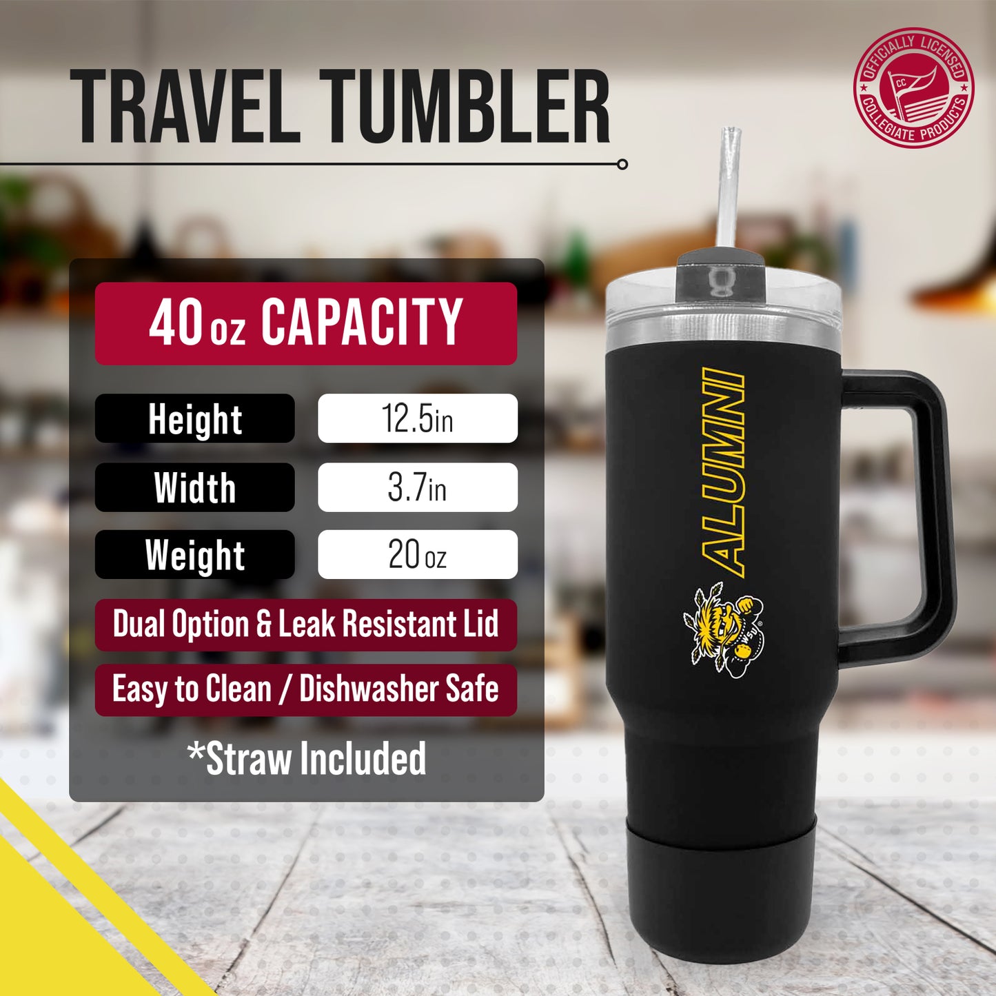 Wichita State Shockers Collegiate 40oz Stainless Steel Travel Tumbler with Handle for Alumni - Black