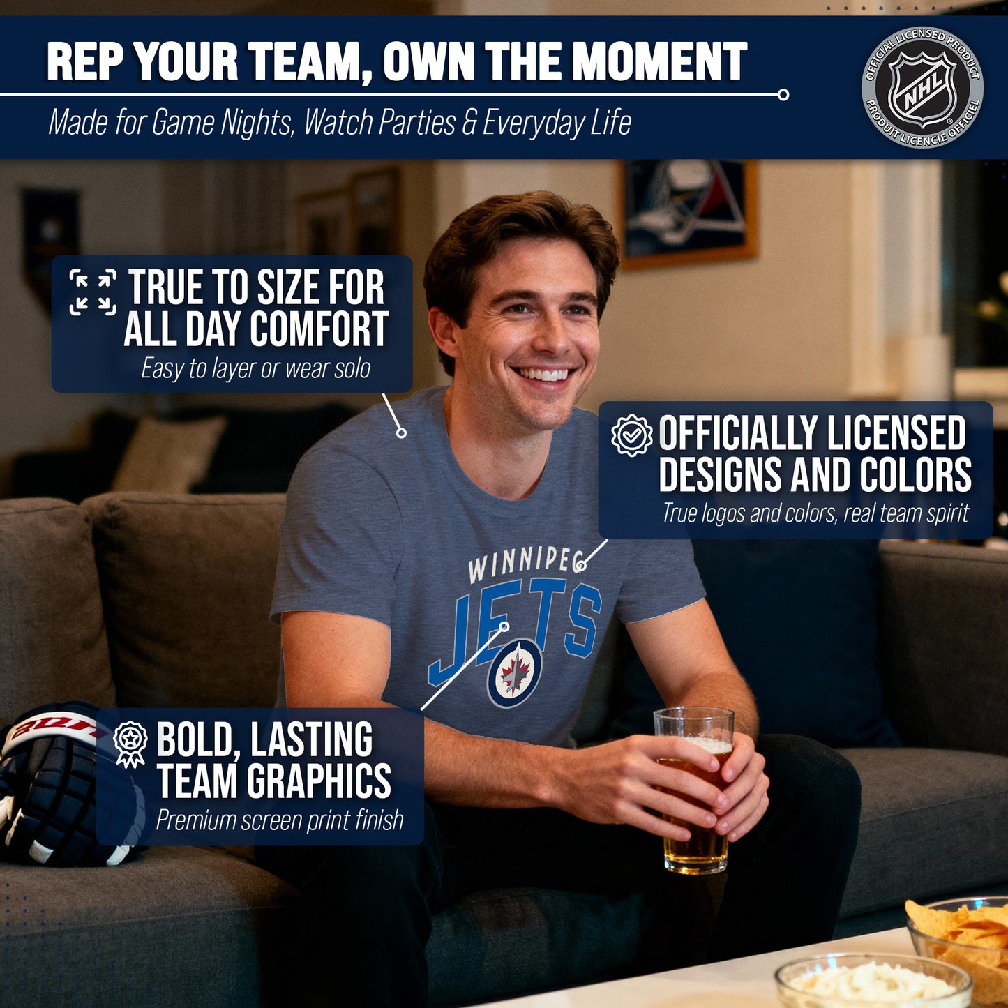 Winnipeg Jets NHL Adult Powerplay Heathered Unisex T-Shirt - Navy