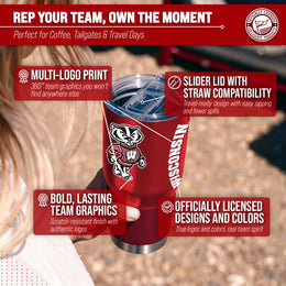 Wisconsin Badgers NCAA University 30oz Stainless Steel Vacuum Insulated Game Day Tumbler with Silicone Grip - Red