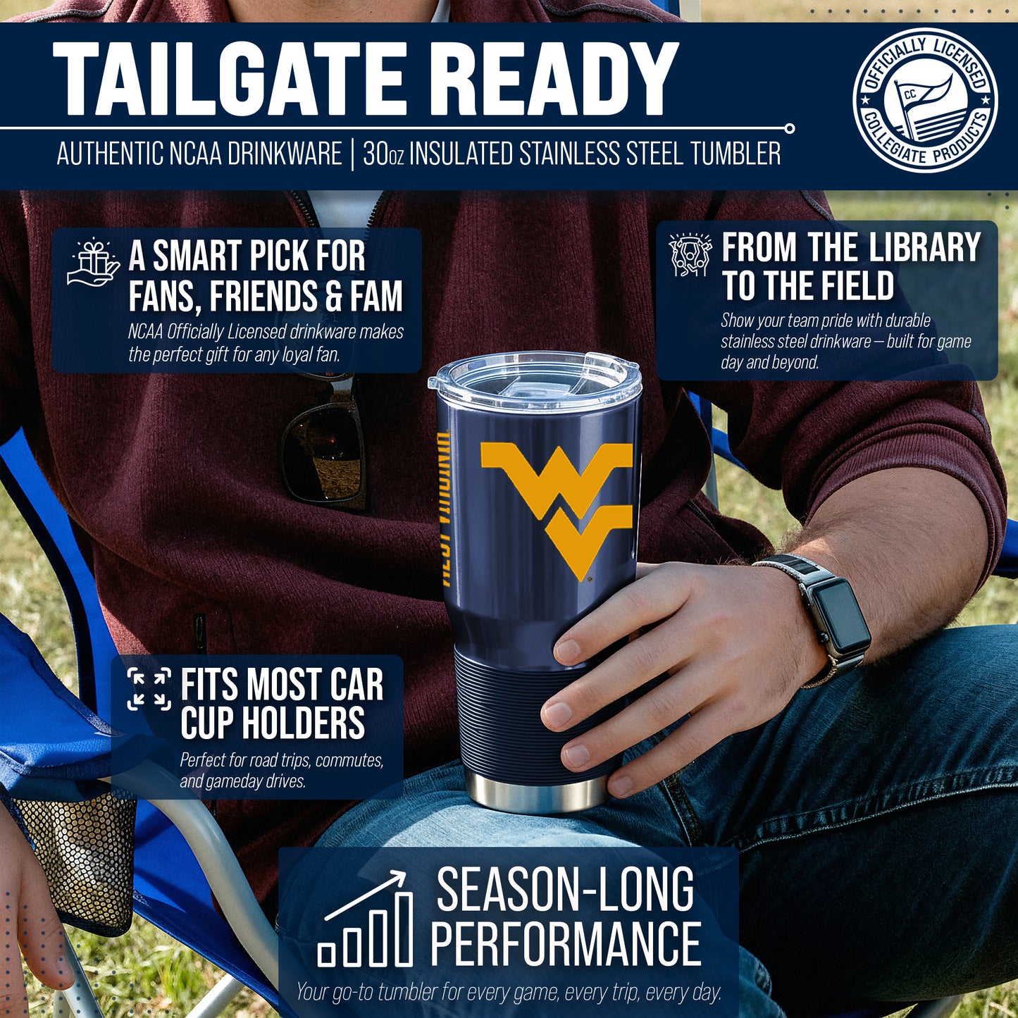West Virginia Mountaineers NCAA University 30oz Stainless Steel Vacuum Insulated Game Day Tumbler with Silicone Grip - Navy
