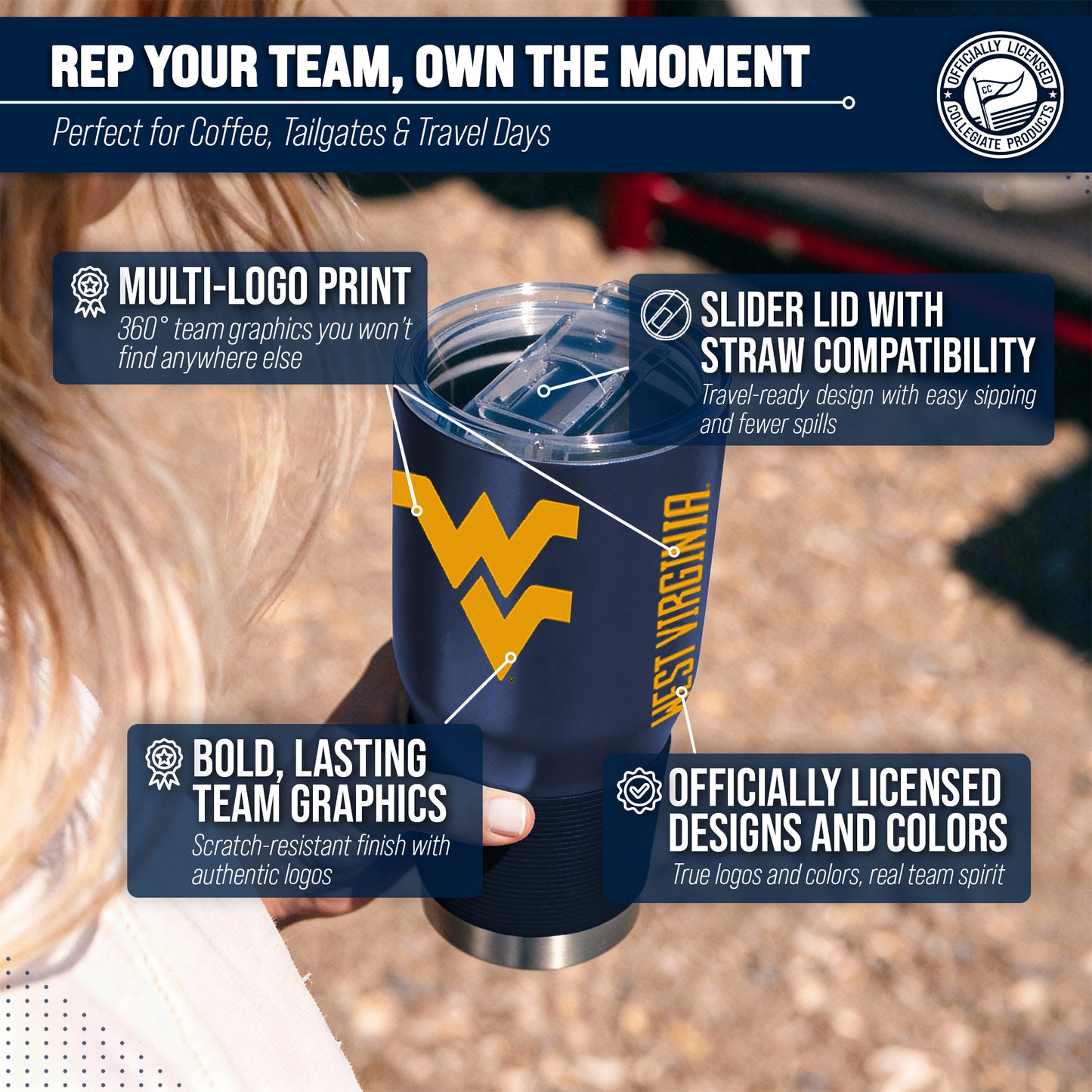 West Virginia Mountaineers NCAA University 30oz Stainless Steel Vacuum Insulated Game Day Tumbler with Silicone Grip - Navy