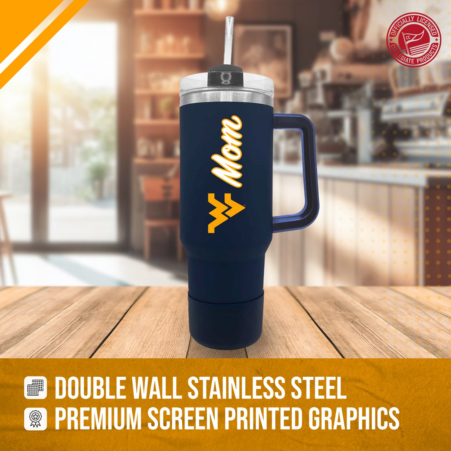 West Virginia Mountaineers Collegiate 40oz Stainless Steel Travel Tumbler with Handle for Mom - Navy