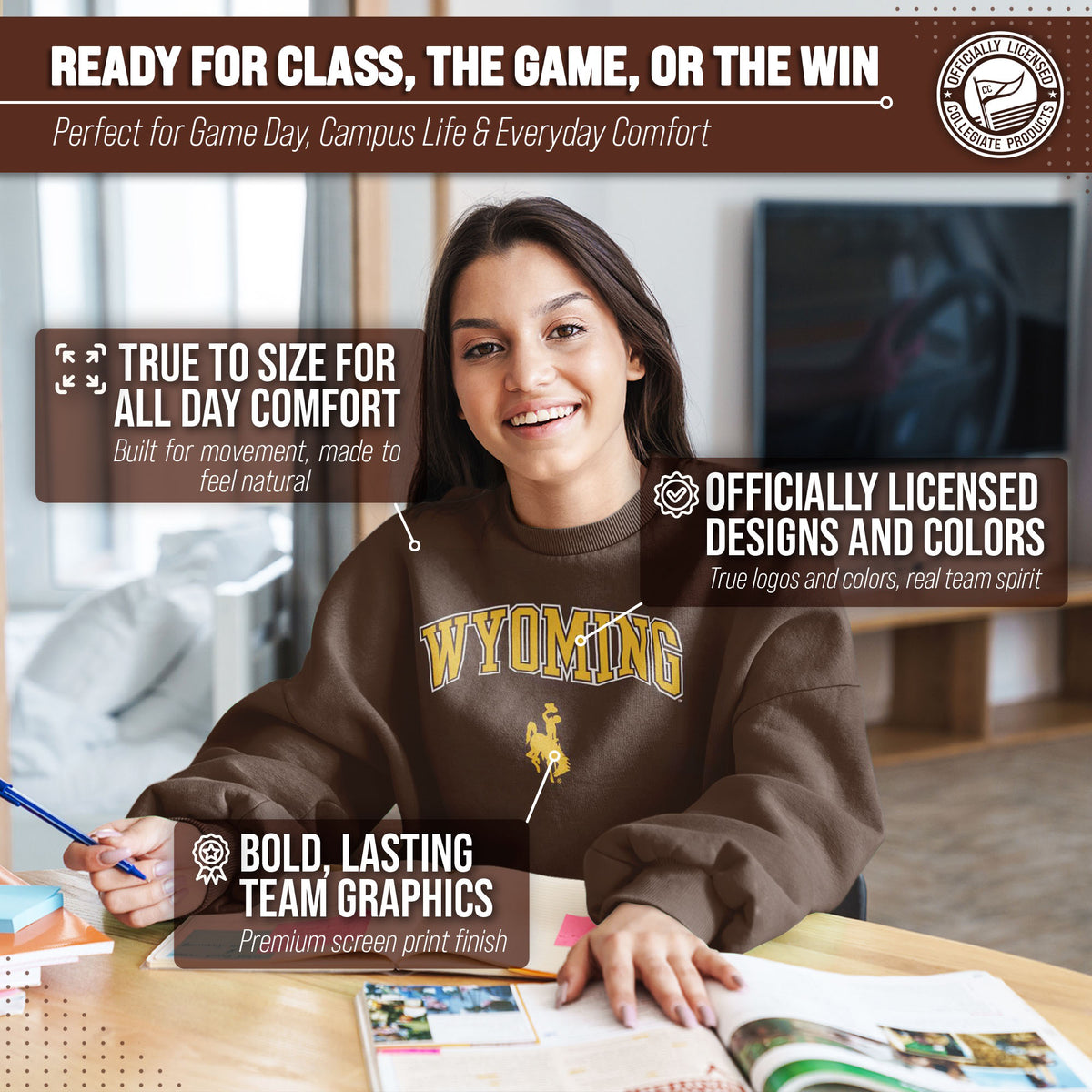 Wyoming Cowboys Adult Arch & Logo Soft Style Gameday Crewneck Sweatshirt - Brown