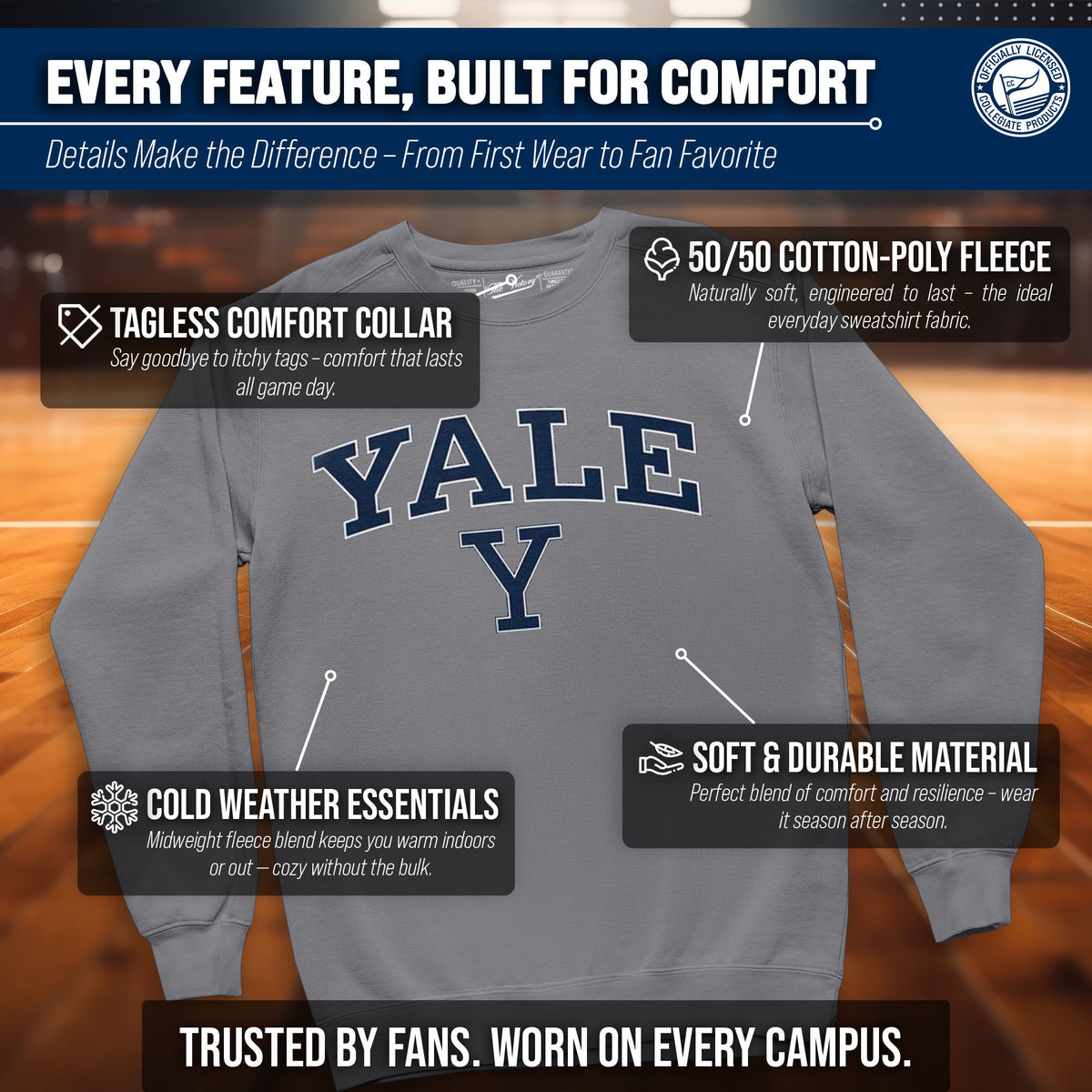 Yale Bulldogs Campus Colors Adult Arch & Logo Soft Style Gameday Crewneck Sweatshirt  - Gray