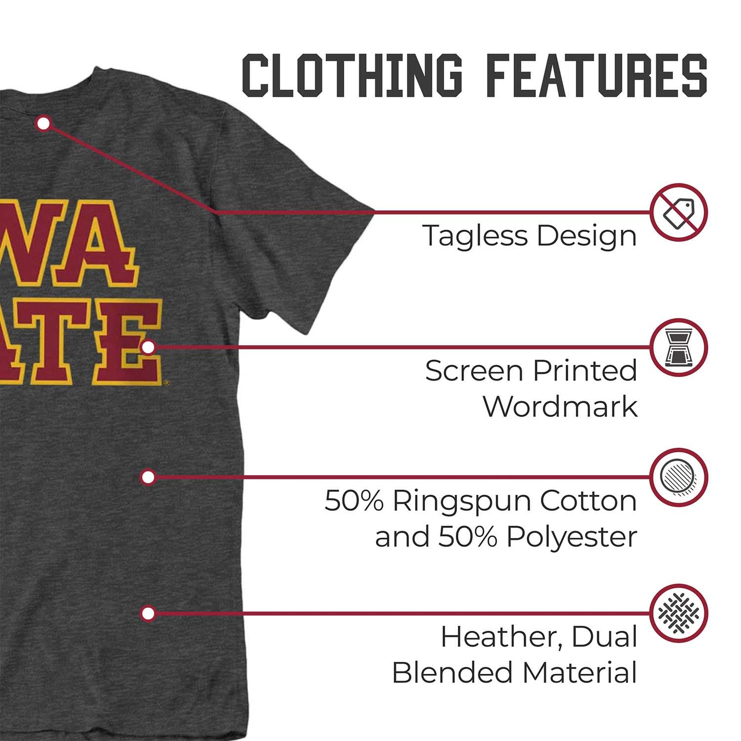Iowa State Cyclones Campus Colors NCAA Adult Cotton Blend Charcoal Tagless T-Shirt - Charcoal