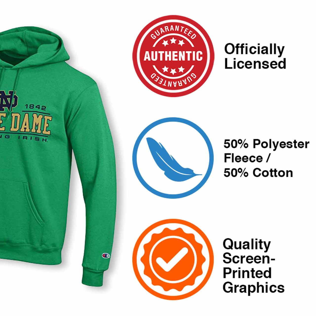 Notre Dame Fighting Irish  Adult Powerblend Hooded Sweatshirt - Green