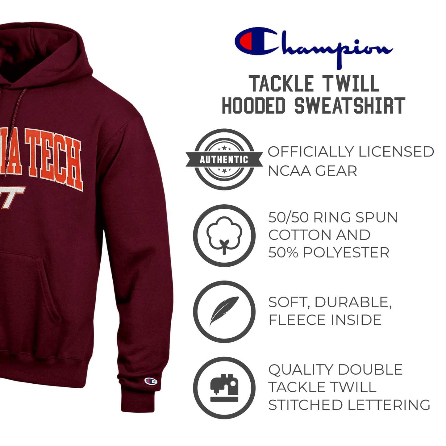 Virginia Tech Hokies Champion Adult Tackle Twill Hooded Sweatshirt - Maroon